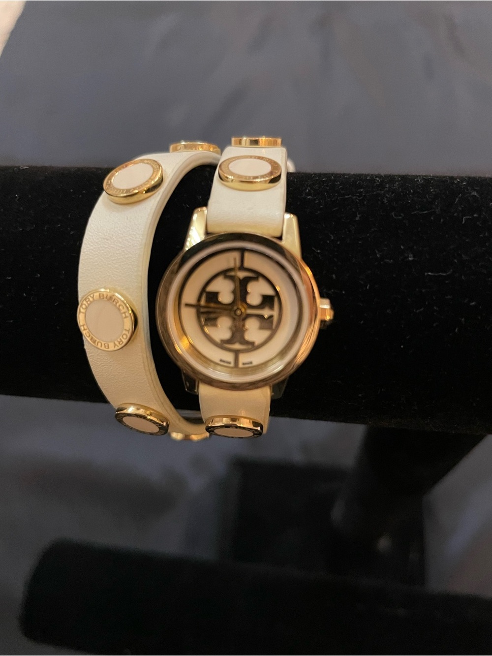 Tory Burch Mini Reva  Cream Double-Wrap Leather Watch with Gold Logo Accents